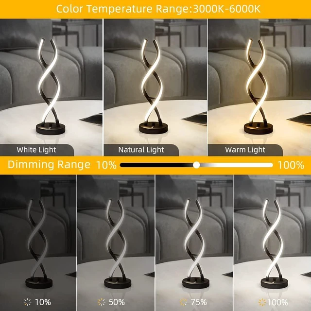 Alt view image 4 of 7 - LED Modern Table Lamp, Stepless Dimmable Spiral Table Lamps for Bedroom, 3 Colors Touch Control Bedside Nightstand Lamp with 1 USB Charging Ports, Desk Lamps for Living Room Office (Black)