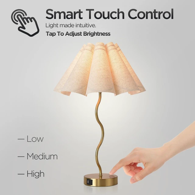 Alt view image 6 of 7 - Touch Control Table Lamp with USB Ports, 22 Tall Gold Bedside Lamp with 3-Way Dimmable E26 Bulb, Fabric Shade & Curved Metal Stem, Modern Nightstand Lamp for Bedroom, Living Room, Office