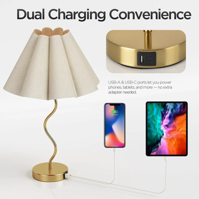Alt view image 4 of 7 - Touch Control Table Lamp with USB Ports, 22 Tall Gold Bedside Lamp with 3-Way Dimmable E26 Bulb, Fabric Shade & Curved Metal Stem, Modern Nightstand Lamp for Bedroom, Living Room, Office