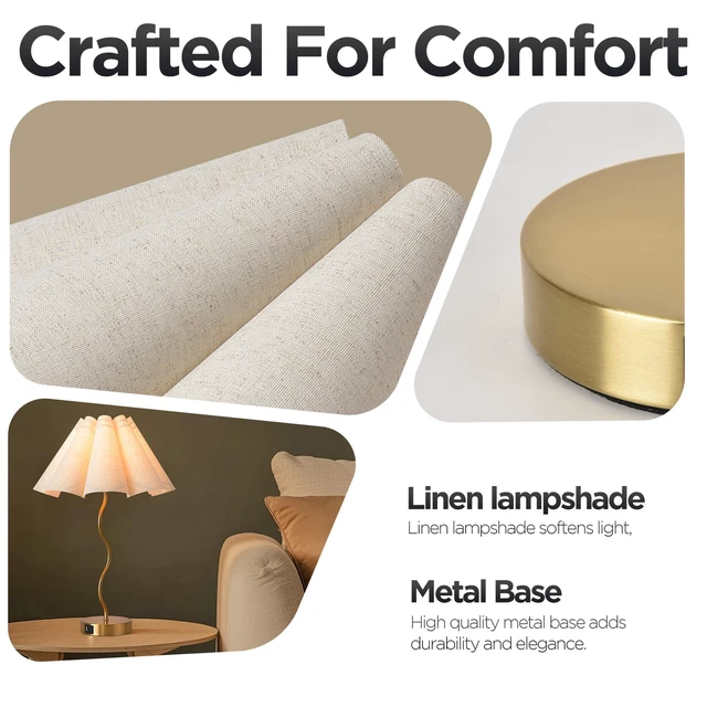 Alt view image 7 of 7 - Touch Control Table Lamp with USB Ports, 22 Tall Gold Bedside Lamp with 3-Way Dimmable E26 Bulb, Fabric Shade & Curved Metal Stem, Modern Nightstand Lamp for Bedroom, Living Room, Office