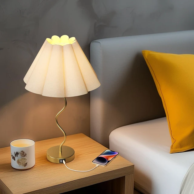 Alt view image 5 of 7 - Touch Control Table Lamp with USB Ports, 22 Tall Gold Bedside Lamp with 3-Way Dimmable E26 Bulb, Fabric Shade & Curved Metal Stem, Modern Nightstand Lamp for Bedroom, Living Room, Office