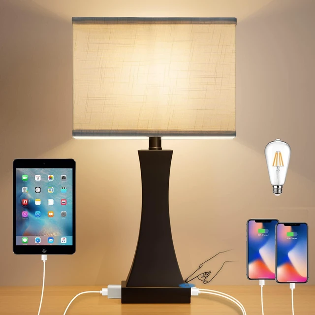 Main image of Table Lamp for Bedroom 3-Way Dimmable Touch Control Bedside Lamp with USB A+C Port & AC Outlet 21.6" Tall Nightstand Lamp for Living Room Office and Hotel Bulb Included
