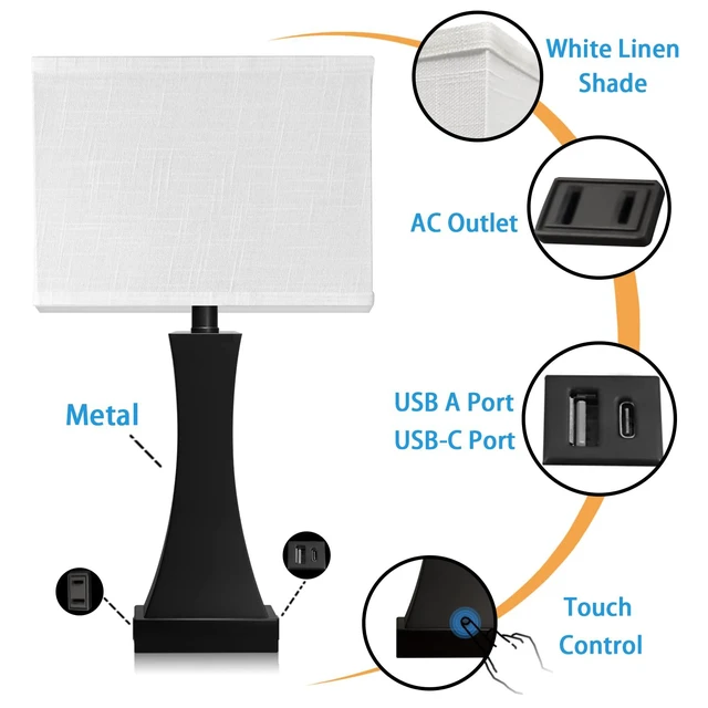 Alt view image 2 of 6 - Table Lamp for Bedroom 3-Way Dimmable Touch Control Bedside Lamp with USB A+C Port & AC Outlet 21.6" Tall Nightstand Lamp for Living Room Office and Hotel Bulb Included