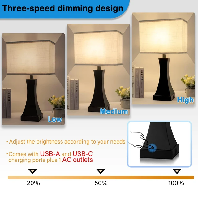 Alt view image 3 of 6 - Table Lamp for Bedroom 3-Way Dimmable Touch Control Bedside Lamp with USB A+C Port & AC Outlet 21.6" Tall Nightstand Lamp for Living Room Office and Hotel Bulb Included
