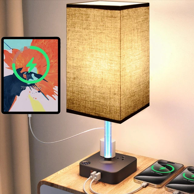 Main image of Bedside Table Lamp - Touch 3 Way Dimmable Lamp with 3 USB Charging Ports & 2 AC Outlets, Square Base Rectangular Flaxen Shade, Bedroom, Office, Dorm, Decor, LED Bulb Included (Black-Black)