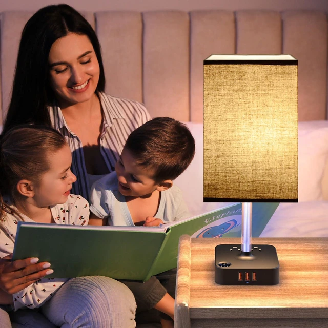 Alt view image 2 of 6 - Bedside Table Lamp - Touch 3 Way Dimmable Lamp with 3 USB Charging Ports & 2 AC Outlets, Square Base Rectangular Flaxen Shade, Bedroom, Office, Dorm, Decor, LED Bulb Included (Black-Black)