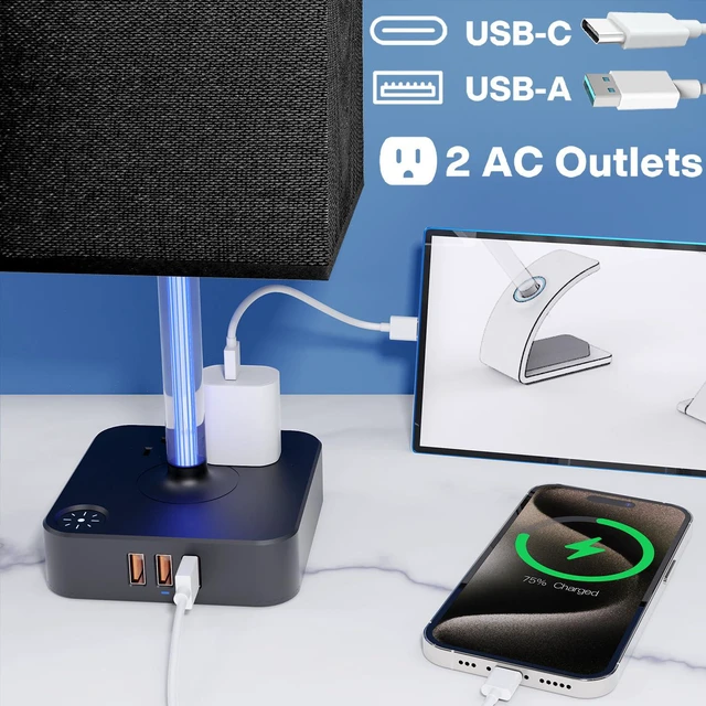Alt view image 5 of 6 - Bedside Table Lamp - Touch 3 Way Dimmable Lamp with 3 USB Charging Ports & 2 AC Outlets, Square Base Rectangular Flaxen Shade, Bedroom, Office, Dorm, Decor, LED Bulb Included (Black-Black)