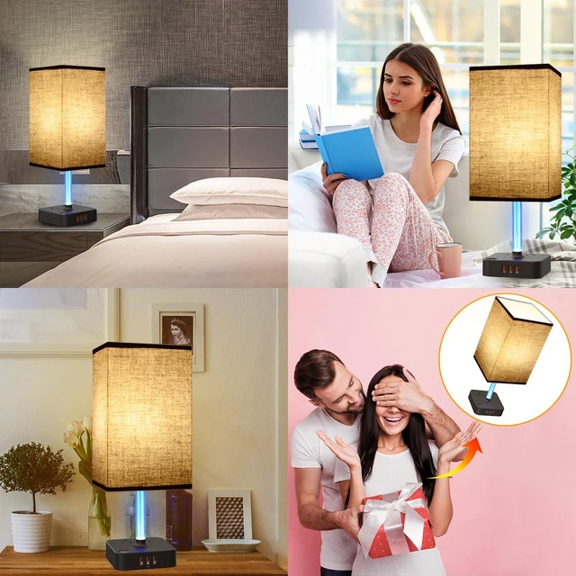 Alt view image 3 of 6 - Bedside Table Lamp - Touch 3 Way Dimmable Lamp with 3 USB Charging Ports & 2 AC Outlets, Square Base Rectangular Flaxen Shade, Bedroom, Office, Dorm, Decor, LED Bulb Included (Black-Black)
