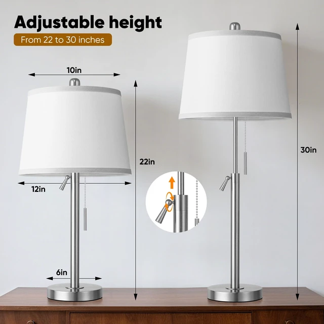 Alt view image 2 of 7 - Bedside Table Lamps Set of 2, Tall Silver Table Lamps for Living Room, Height Adjustable Nightstand Lamps for Bedroom, Modern Lamps with Pull Chain for End Table Office(Bulbs Included), Sand Nickel