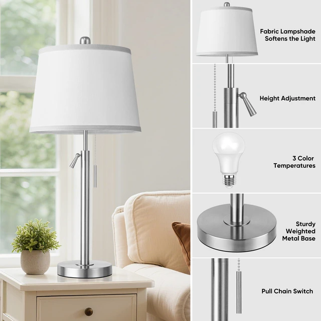 Alt view image 7 of 7 - Bedside Table Lamps Set of 2, Tall Silver Table Lamps for Living Room, Height Adjustable Nightstand Lamps for Bedroom, Modern Lamps with Pull Chain for End Table Office(Bulbs Included), Sand Nickel