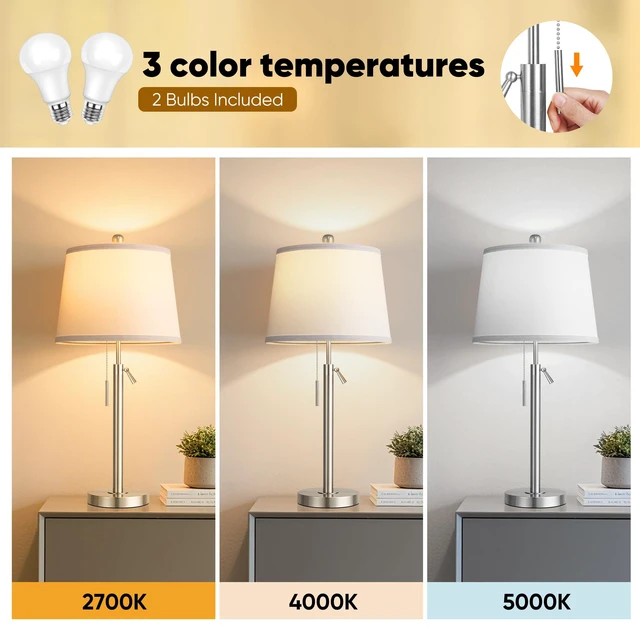 Alt view image 3 of 7 - Bedside Table Lamps Set of 2, Tall Silver Table Lamps for Living Room, Height Adjustable Nightstand Lamps for Bedroom, Modern Lamps with Pull Chain for End Table Office(Bulbs Included), Sand Nickel