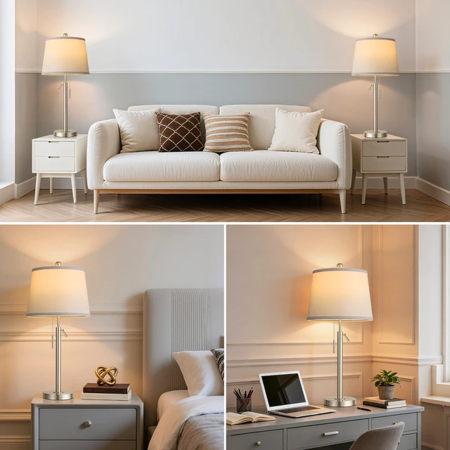 Alt view image 6 of 7 - Bedside Table Lamps Set of 2, Tall Silver Table Lamps for Living Room, Height Adjustable Nightstand Lamps for Bedroom, Modern Lamps with Pull Chain for End Table Office(Bulbs Included), Sand Nickel