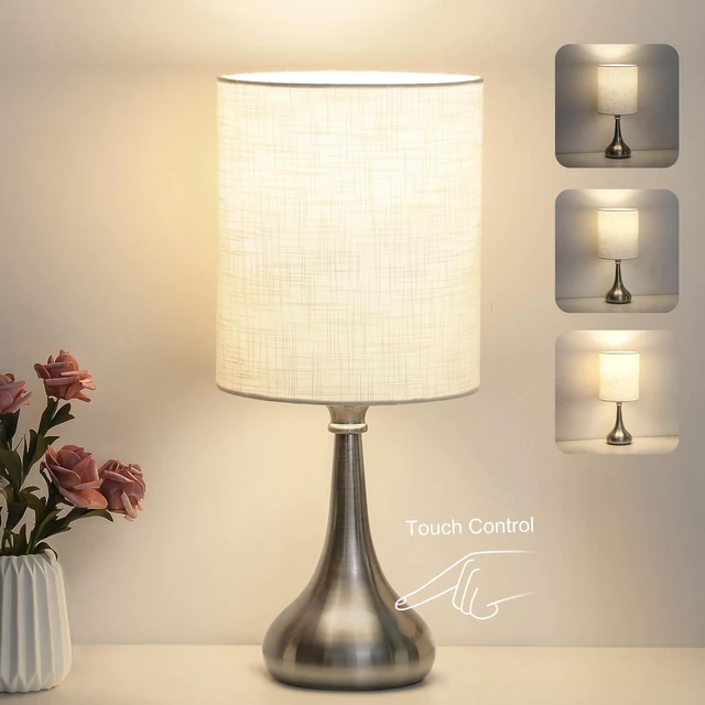 Main image of Touch Control Table Lamp, 3 Way Dimmable Simple Night Light Lamp with White Lampshade Silver Metal Base, Small Bedside Table Lamp for Bedroom, Office, Dorm, A19 9W 3000K Bulb Included