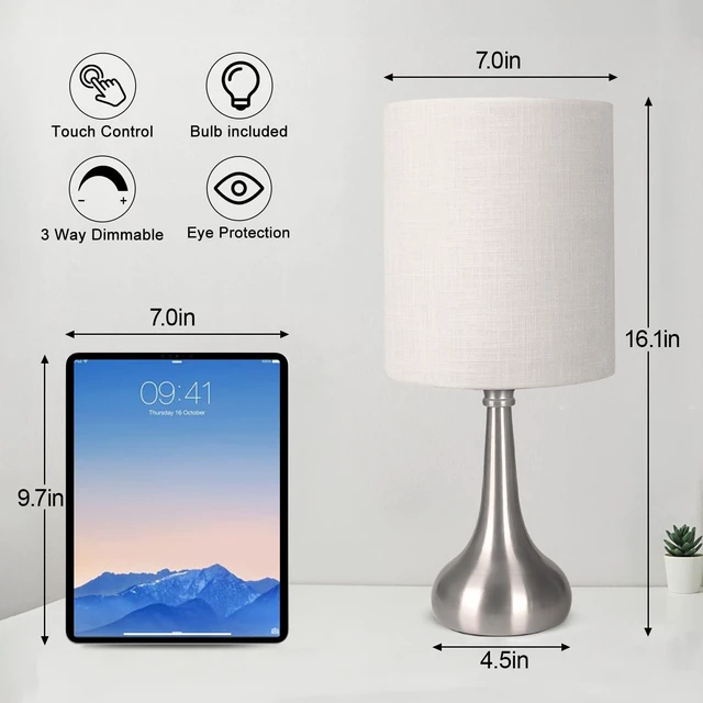 Alt view image 2 of 7 - Touch Control Table Lamp, 3 Way Dimmable Simple Night Light Lamp with White Lampshade Silver Metal Base, Small Bedside Table Lamp for Bedroom, Office, Dorm, A19 9W 3000K Bulb Included