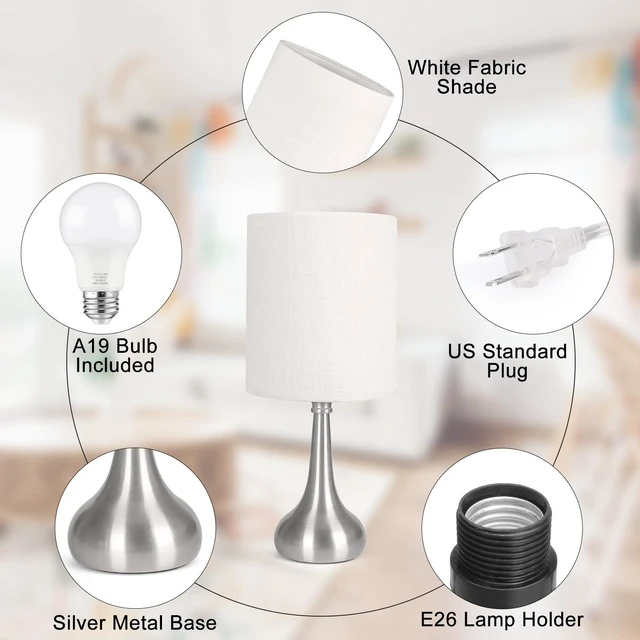 Alt view image 3 of 7 - Touch Control Table Lamp, 3 Way Dimmable Simple Night Light Lamp with White Lampshade Silver Metal Base, Small Bedside Table Lamp for Bedroom, Office, Dorm, A19 9W 3000K Bulb Included