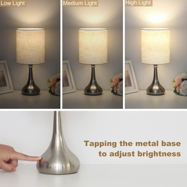 Alt view image 4 of 7 - Touch Control Table Lamp, 3 Way Dimmable Simple Night Light Lamp with White Lampshade Silver Metal Base, Small Bedside Table Lamp for Bedroom, Office, Dorm, A19 9W 3000K Bulb Included
