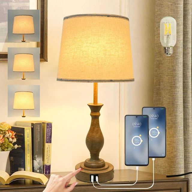Main image of Farmhouse Table Lamp Touch Control 3-Way Dimmable Table Lamp, Modern Nightstand Lamp with 2 USB Port Bedside Desk Lamp with Fabric Shade for Living Room (Pack 1-Beige Shade & Touch)