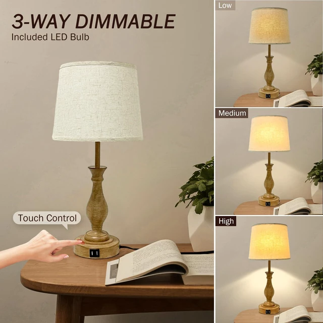 Alt view image 2 of 7 - Farmhouse Table Lamp Touch Control 3-Way Dimmable Table Lamp, Modern Nightstand Lamp with 2 USB Port Bedside Desk Lamp with Fabric Shade for Living Room (Pack 1-Beige Shade & Touch)