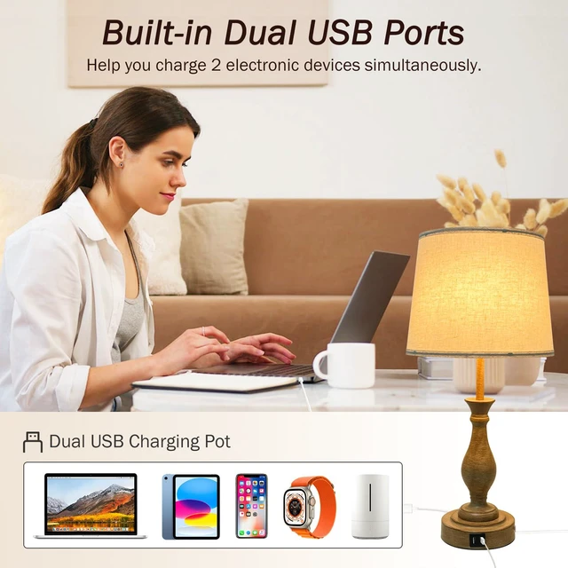Alt view image 3 of 7 - Farmhouse Table Lamp Touch Control 3-Way Dimmable Table Lamp, Modern Nightstand Lamp with 2 USB Port Bedside Desk Lamp with Fabric Shade for Living Room (Pack 1-Beige Shade & Touch)