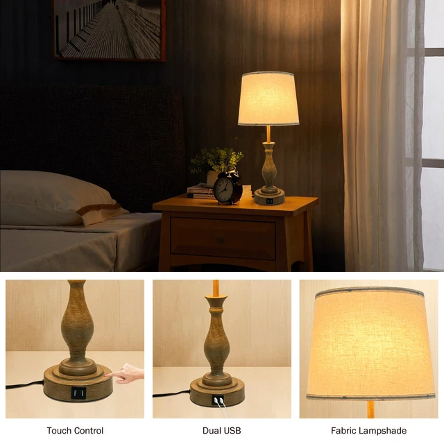 Alt view image 4 of 7 - Farmhouse Table Lamp Touch Control 3-Way Dimmable Table Lamp, Modern Nightstand Lamp with 2 USB Port Bedside Desk Lamp with Fabric Shade for Living Room (Pack 1-Beige Shade & Touch)