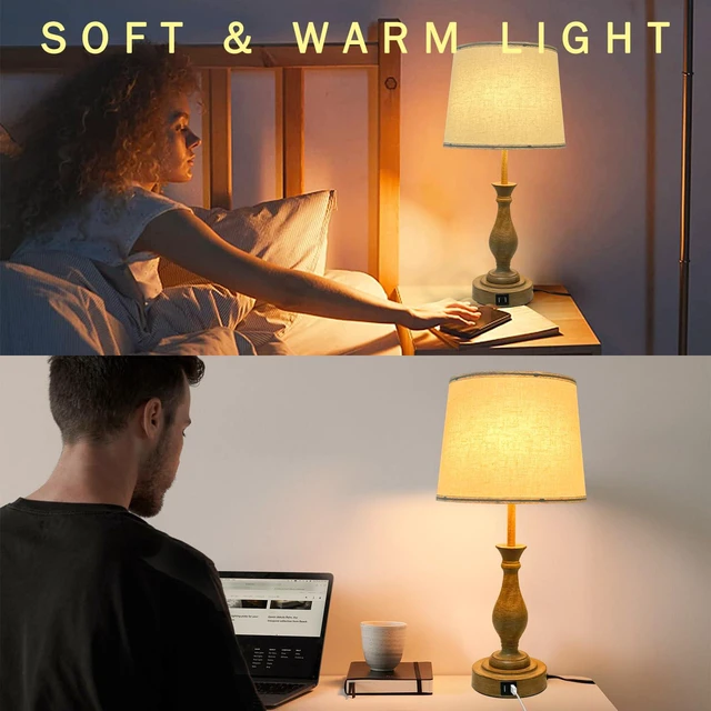 Alt view image 5 of 7 - Farmhouse Table Lamp Touch Control 3-Way Dimmable Table Lamp, Modern Nightstand Lamp with 2 USB Port Bedside Desk Lamp with Fabric Shade for Living Room (Pack 1-Beige Shade & Touch)