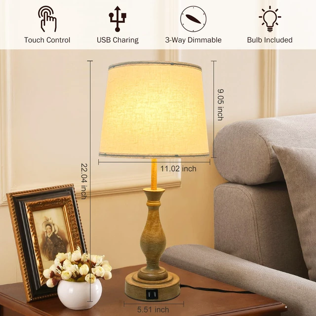Alt view image 7 of 7 - Farmhouse Table Lamp Touch Control 3-Way Dimmable Table Lamp, Modern Nightstand Lamp with 2 USB Port Bedside Desk Lamp with Fabric Shade for Living Room (Pack 1-Beige Shade & Touch)