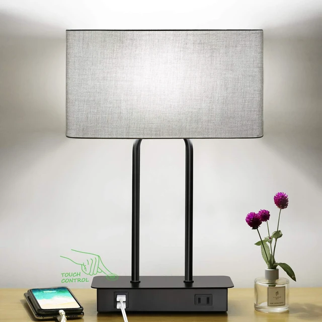 Main image of Bedside Touch Control Table Lamps, 3 Way Dimmable Nightstand Lamp | Dual USB Charging Ports 1 AC Outlet, Grey Fabric Shade, Desk Lamp for Bedroom Living Room with 5000K LED Bulb
