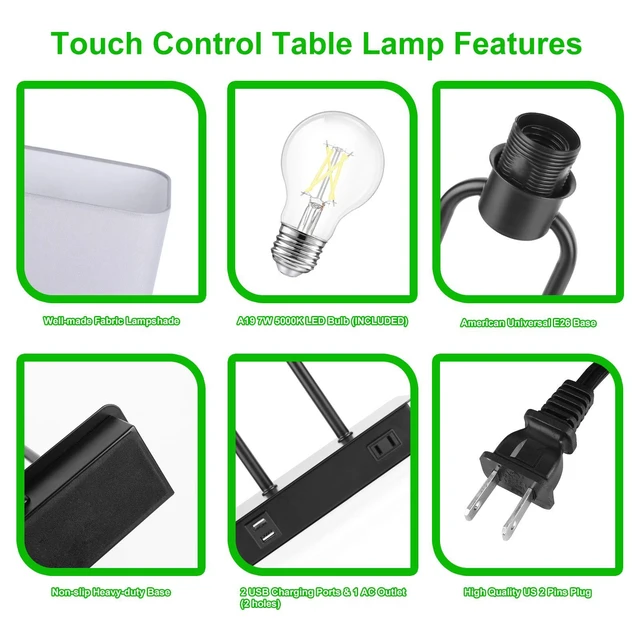 Alt view image 4 of 7 - Bedside Touch Control Table Lamps, 3 Way Dimmable Nightstand Lamp | Dual USB Charging Ports 1 AC Outlet, Grey Fabric Shade, Desk Lamp for Bedroom Living Room with 5000K LED Bulb