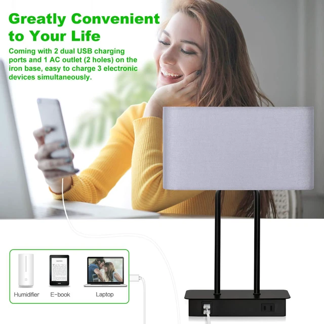 Alt view image 3 of 7 - Bedside Touch Control Table Lamps, 3 Way Dimmable Nightstand Lamp | Dual USB Charging Ports 1 AC Outlet, Grey Fabric Shade, Desk Lamp for Bedroom Living Room with 5000K LED Bulb