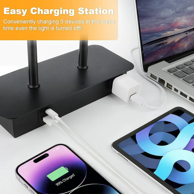 Alt view image 3 of 7 - 16 Table Lamp for Bedroom, Bedside Nightstand Lamp with LED Bulb | 3-Way Dimmable, Touch Control, 2 USB Charging Ports, AC Outlet, Modern Style, Soft Warm White Lighting