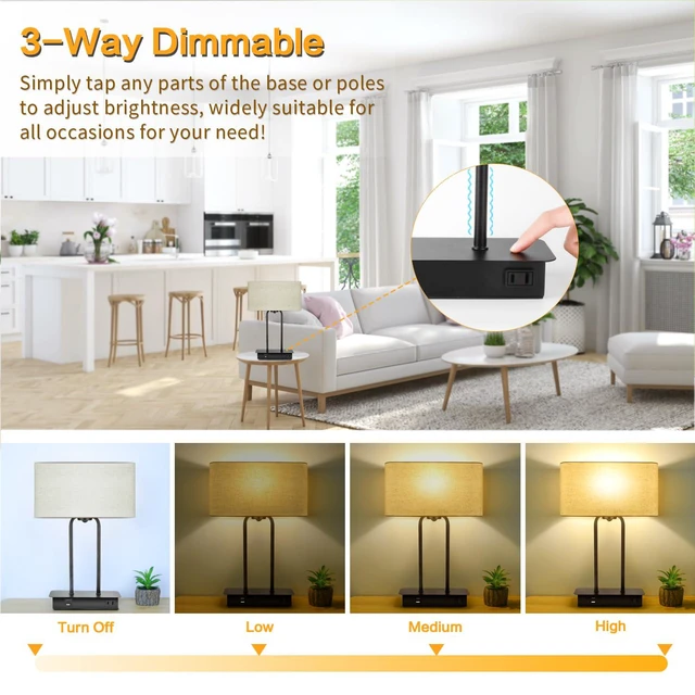 Alt view image 2 of 7 - 16 Table Lamp for Bedroom, Bedside Nightstand Lamp with LED Bulb | 3-Way Dimmable, Touch Control, 2 USB Charging Ports, AC Outlet, Modern Style, Soft Warm White Lighting