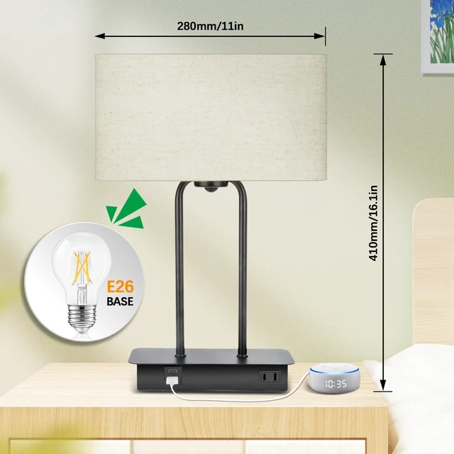 Alt view image 6 of 7 - 16 Table Lamp for Bedroom, Bedside Nightstand Lamp with LED Bulb | 3-Way Dimmable, Touch Control, 2 USB Charging Ports, AC Outlet, Modern Style, Soft Warm White Lighting