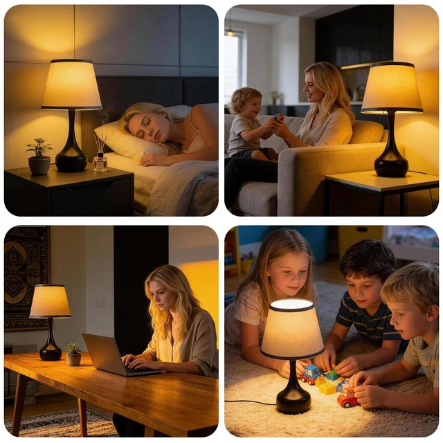 Alt view image 7 of 7 - 17" Touch Table Lamp for Bedroom, 3-Way Dimmable Bedside Lamp for Nightstand, Black Small Lamp with Linen Shade for Living Room, Kids Room, Office (9W LED Bulb Included)