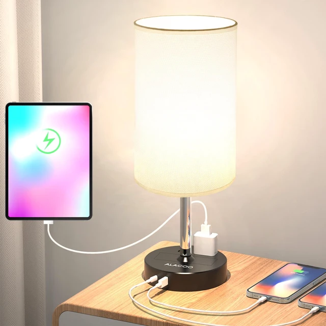 Main image of 3-Way Touch Dimmable Bedside Lamp Bedroom Nightstand Black-White | 3-Way Touch Dimmer, 1 USB-C, 1 USB-A, 2 AC Outlets; Compact Modern Lamp for Nightstand, Bedside, Desk, Bedroom & Living Room