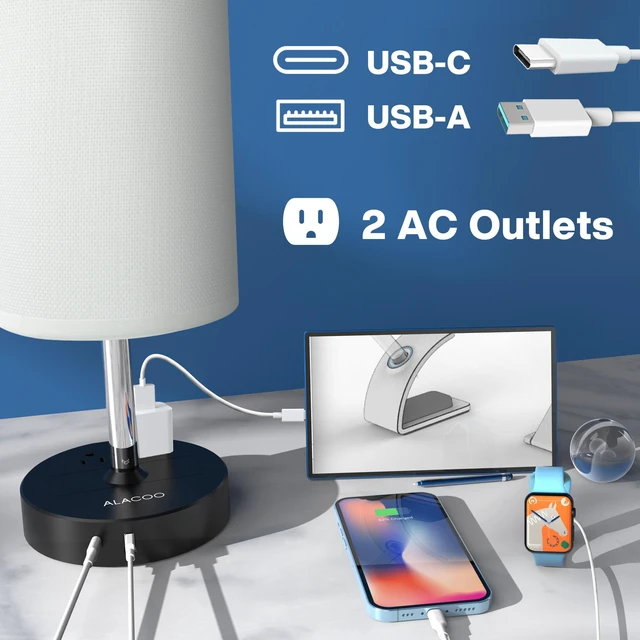 Alt view image 2 of 7 - 3-Way Touch Dimmable Bedside Lamp Bedroom Nightstand Black-White | 3-Way Touch Dimmer, 1 USB-C, 1 USB-A, 2 AC Outlets; Compact Modern Lamp for Nightstand, Bedside, Desk, Bedroom & Living Room