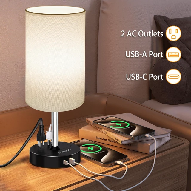 Alt view image 4 of 7 - 3-Way Touch Dimmable Bedside Lamp Bedroom Nightstand Black-White | 3-Way Touch Dimmer, 1 USB-C, 1 USB-A, 2 AC Outlets; Compact Modern Lamp for Nightstand, Bedside, Desk, Bedroom & Living Room