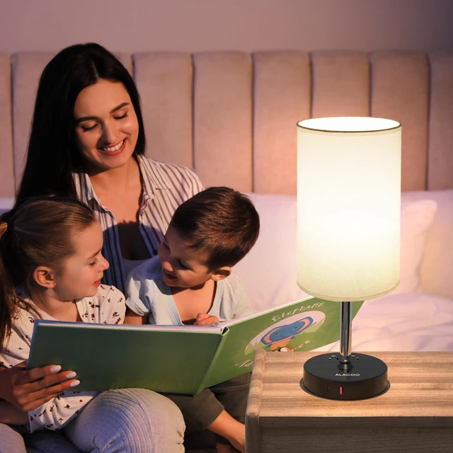 Alt view image 7 of 7 - 3-Way Touch Dimmable Bedside Lamp Bedroom Nightstand Black-White | 3-Way Touch Dimmer, 1 USB-C, 1 USB-A, 2 AC Outlets; Compact Modern Lamp for Nightstand, Bedside, Desk, Bedroom & Living Room