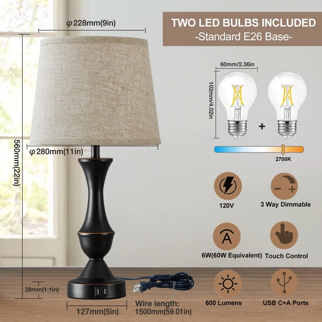 Alt view image 2 of 7 - Upgraded Touch Table Lamps Set of 2, 22" Tall Bedside Lamps | USB C+A Ports, Dimmable Nightstand Lamps for Bedroom, Living Room, Office, Black Lamp with Beige Lampshade, Bulb Included