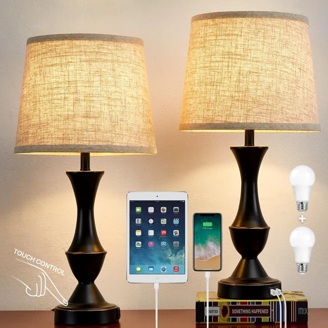 Main image of Upgraded Touch Table Lamps Set of 2, 22" Tall Bedside Lamps | USB C+A Ports, Dimmable Nightstand Lamps for Bedroom, Living Room, Office, Black Lamp with Beige Lampshade, Bulb Included