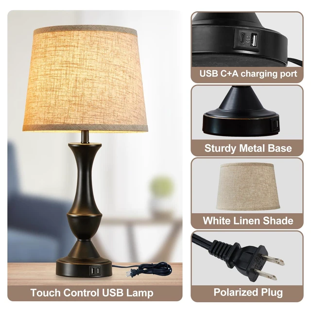 Alt view image 3 of 7 - Upgraded Touch Table Lamps Set of 2, 22" Tall Bedside Lamps | USB C+A Ports, Dimmable Nightstand Lamps for Bedroom, Living Room, Office, Black Lamp with Beige Lampshade, Bulb Included