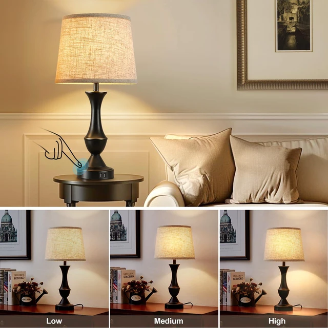 Alt view image 4 of 7 - Upgraded Touch Table Lamps Set of 2, 22" Tall Bedside Lamps | USB C+A Ports, Dimmable Nightstand Lamps for Bedroom, Living Room, Office, Black Lamp with Beige Lampshade, Bulb Included