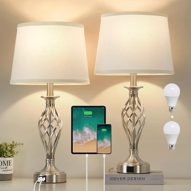 Main image of Table Lamp for Bedroom Set of 2 with USB C+A Ports,Modern Night Stand Lamps | Silver Bedside Lamps with Spiral Cage Base,White Fabric Shade,Lamp for Living Room Reading