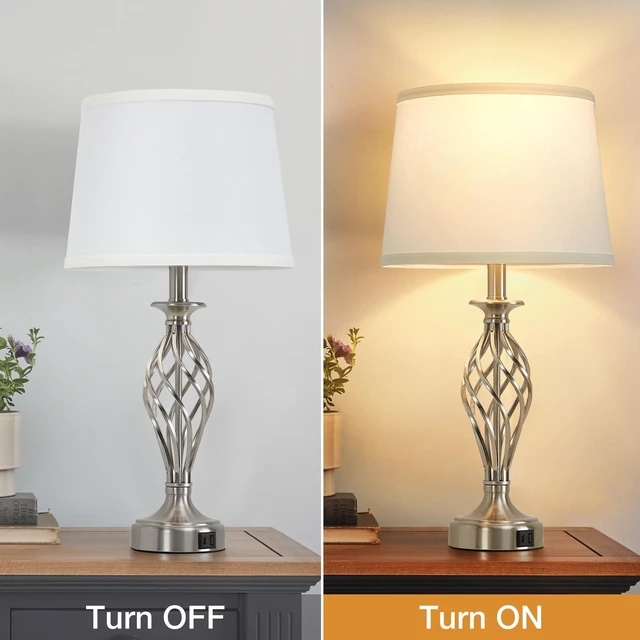 Alt view image 2 of 7 - Table Lamp for Bedroom Set of 2 with USB C+A Ports,Modern Night Stand Lamps | Silver Bedside Lamps with Spiral Cage Base,White Fabric Shade,Lamp for Living Room Reading
