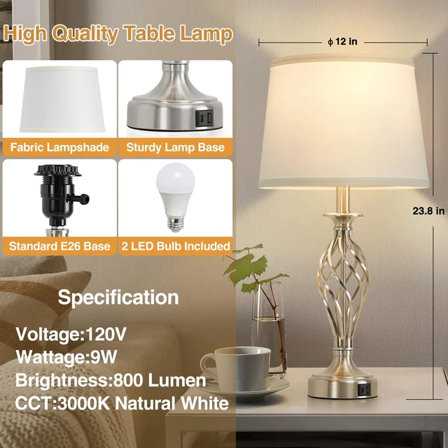 Alt view image 3 of 7 - Table Lamp for Bedroom Set of 2 with USB C+A Ports,Modern Night Stand Lamps | Silver Bedside Lamps with Spiral Cage Base,White Fabric Shade,Lamp for Living Room Reading