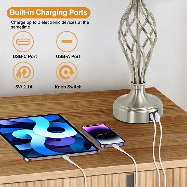 Alt view image 4 of 7 - Table Lamp for Bedroom Set of 2 with USB C+A Ports,Modern Night Stand Lamps | Silver Bedside Lamps with Spiral Cage Base,White Fabric Shade,Lamp for Living Room Reading