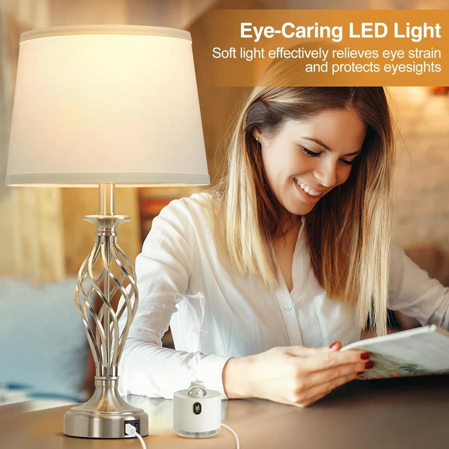 Alt view image 5 of 7 - Table Lamp for Bedroom Set of 2 with USB C+A Ports,Modern Night Stand Lamps | Silver Bedside Lamps with Spiral Cage Base,White Fabric Shade,Lamp for Living Room Reading