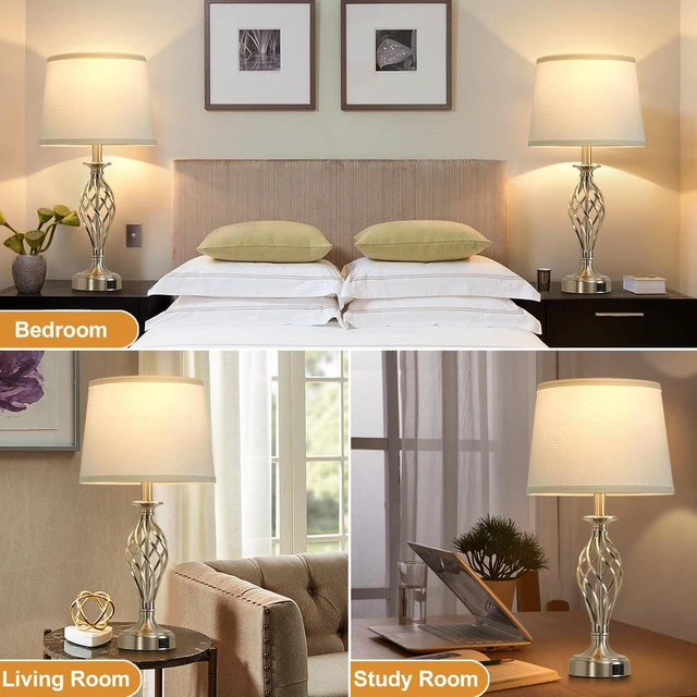 Alt view image 6 of 7 - Table Lamp for Bedroom Set of 2 with USB C+A Ports,Modern Night Stand Lamps | Silver Bedside Lamps with Spiral Cage Base,White Fabric Shade,Lamp for Living Room Reading