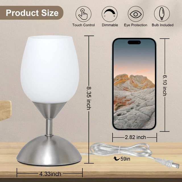 Alt view image 3 of 7 - Small Touch Lamp for Bedroom Nightstand, 3-Way Dimmable Bedside Lamps Opal Glass Desk Lamp Silver Base, Tiny Table Lamp for Small Spaces Ambient Lighting for Living Room, E12 Bulb Included