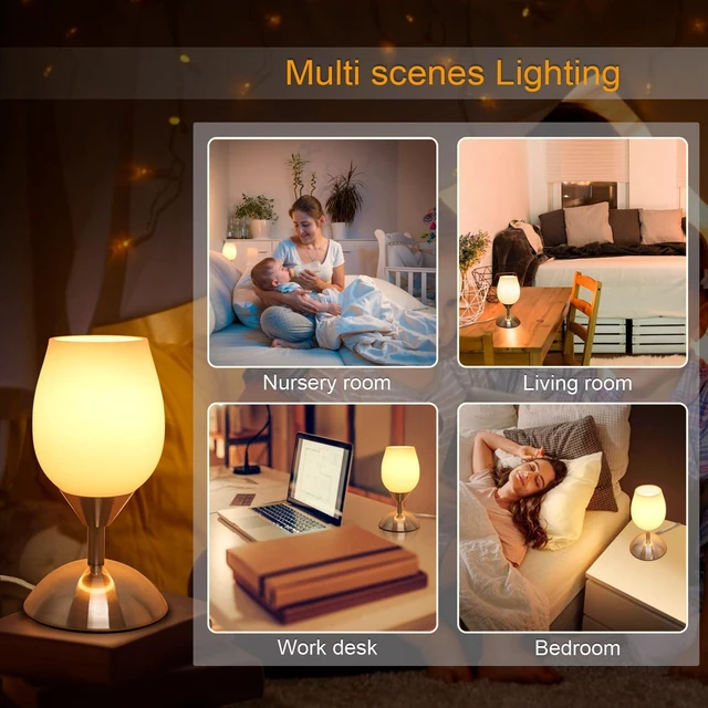 Alt view image 5 of 7 - Small Touch Lamp for Bedroom Nightstand, 3-Way Dimmable Bedside Lamps Opal Glass Desk Lamp Silver Base, Tiny Table Lamp for Small Spaces Ambient Lighting for Living Room, E12 Bulb Included