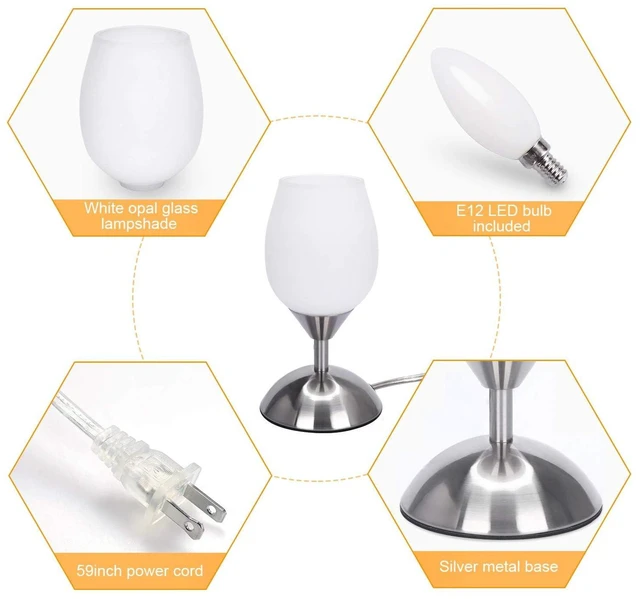 Alt view image 7 of 7 - Small Touch Lamp for Bedroom Nightstand, 3-Way Dimmable Bedside Lamps Opal Glass Desk Lamp Silver Base, Tiny Table Lamp for Small Spaces Ambient Lighting for Living Room, E12 Bulb Included